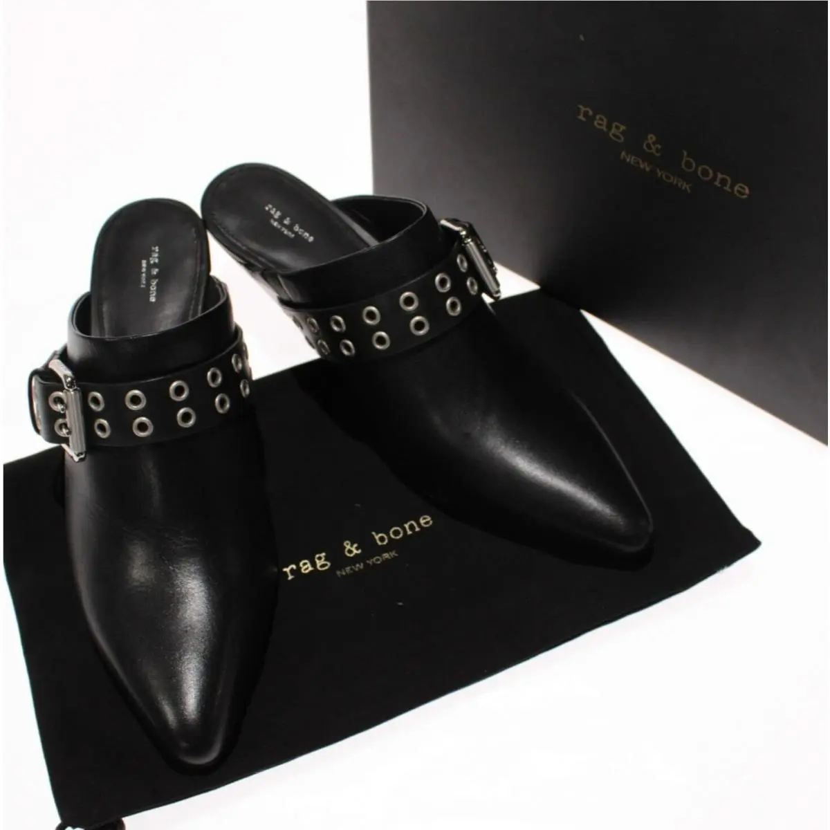 Rag Bone Slip-on Spire Mules w/ Buckles Size 37.5 US 7.5 Black Leather