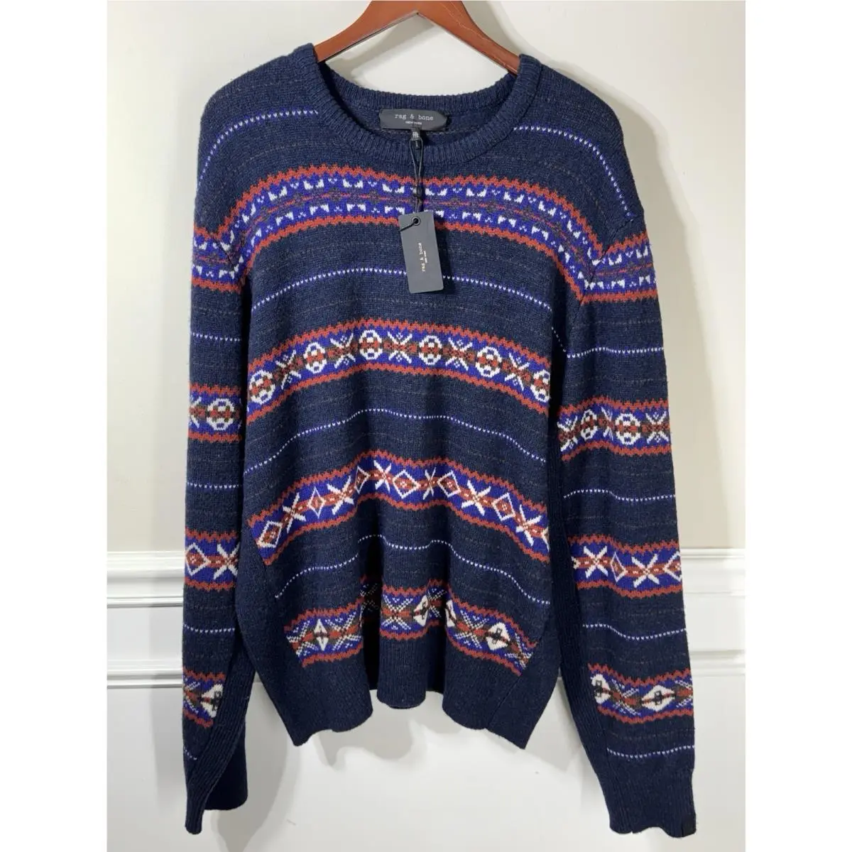 Rag Bone Men`s Wesley Fair Isle Crewneck Sweater Navy 2XL Wool