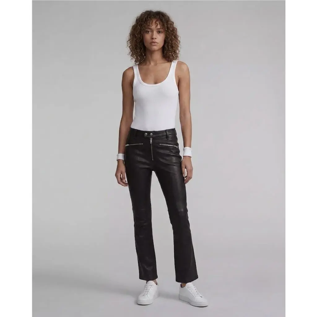 Rag Bone Braxton in Black Stretch Leather Exposed Zip Crop Flare Pants 8