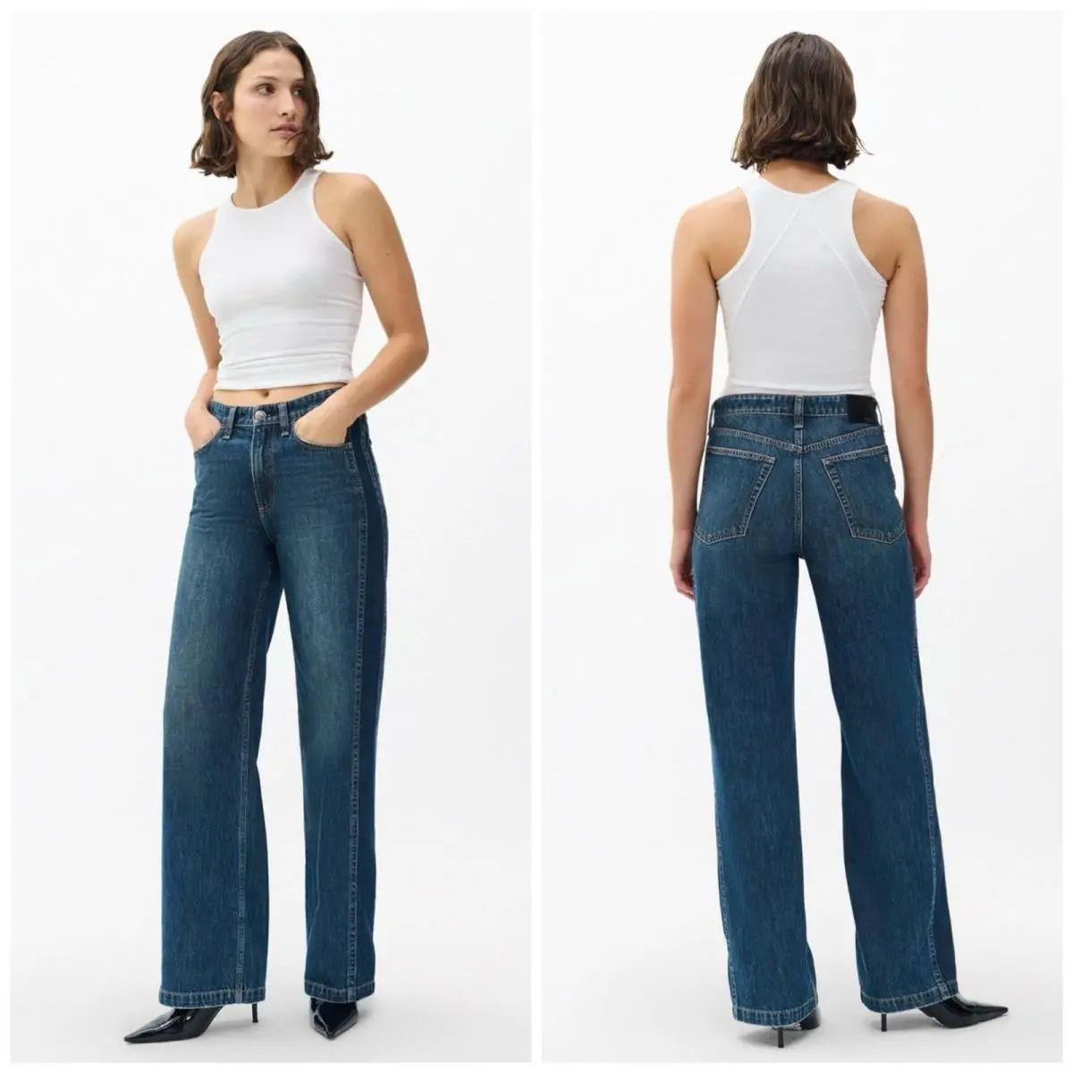 Rag Bone Logan Mid Rise Spliced Wide Leg Two Tone Dr Indigo Size: 24