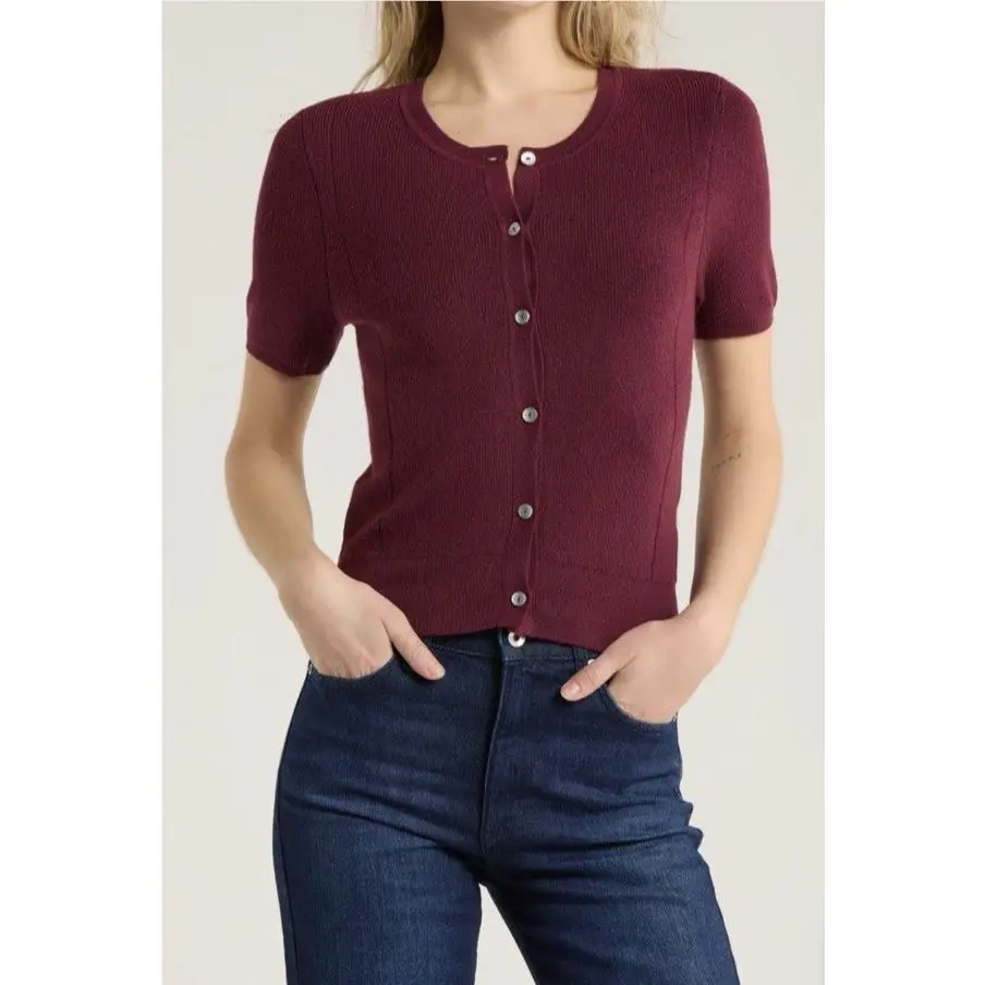 Rag Bone Women`s Michal Short Sleeve Wool Cardigan Dark Burgundy Sz S