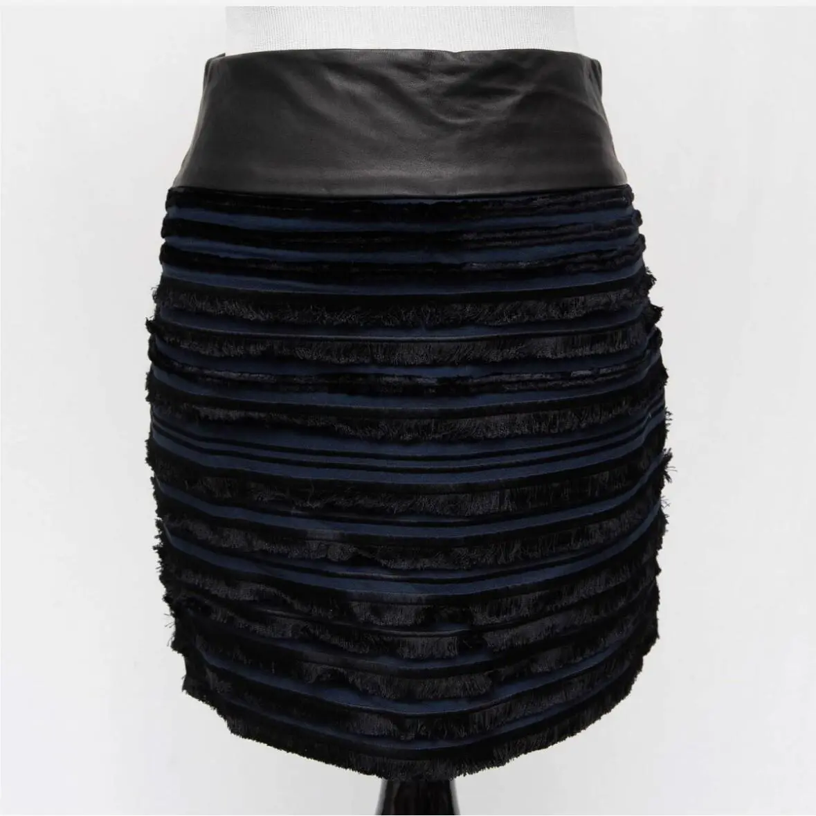 Rag Bone Black Blue Lambskin Leather Fringe Mini Skirt Size 6 Rare