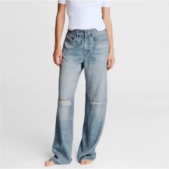Rag Bone Liquid Miramar Dara Pant 33 Light Indigo Distress Wide Leg Tencel