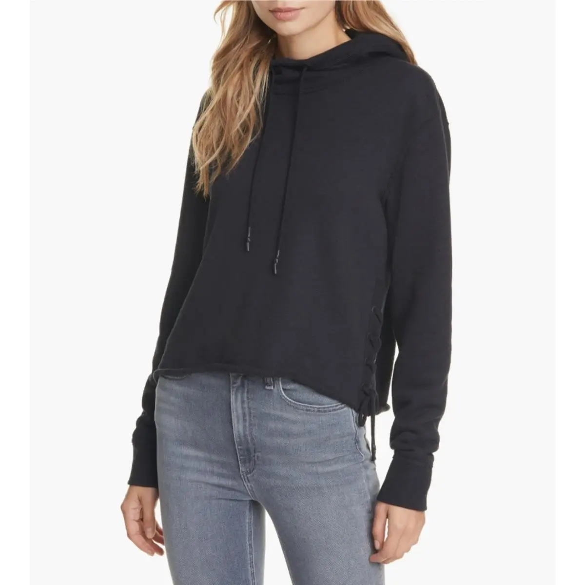 Rag Bone Women Black Knit French Terry Amelia Lace-up Hooded Sweatshirt Size S