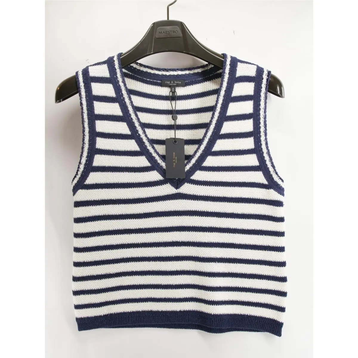 Rag Bone Meghan Striped Sweater Vest Women`s Medium Ivory Navy Deep V Neck