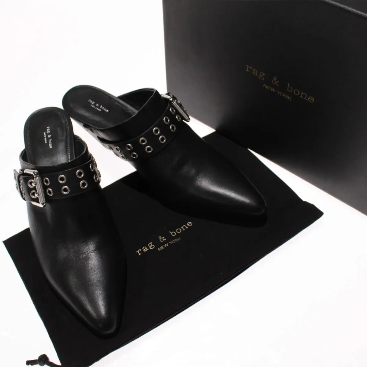 Rag Bone Slip-on Spire Mules w/ Buckles Size 39 US 9 in Black Leather