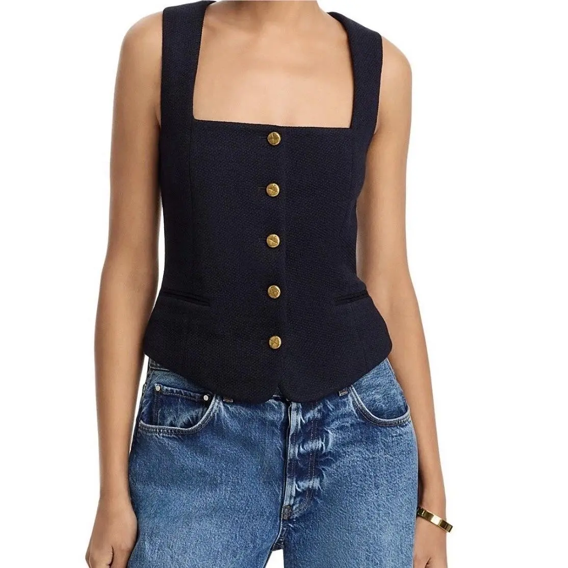 Rag Bone Women’s Mariana Vest Size 8 Black Gold Buttons Top Square Neck