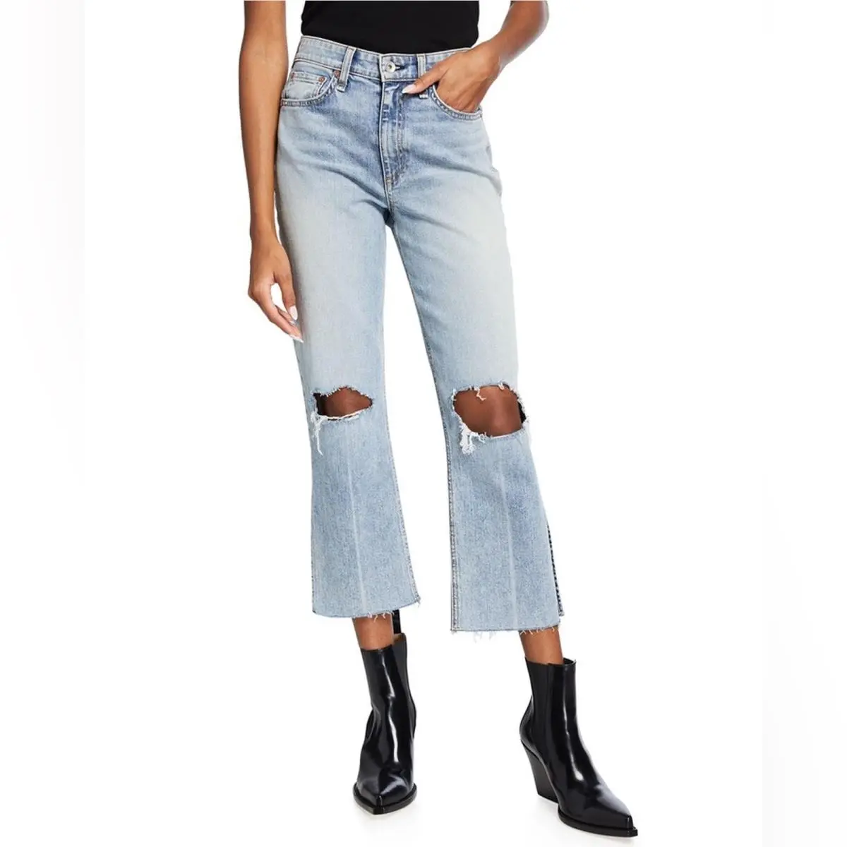 Rag Bone Nina High Rise Ankle Flare Jeans w/ Slits in Stella w/ Holes 24