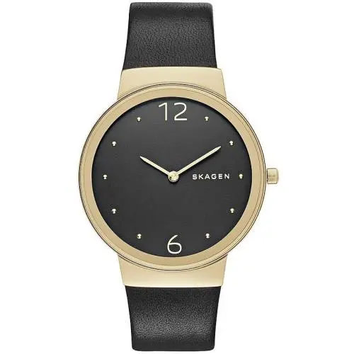 Skagen Freja Gold Tone Black Dial Leather Band Slim Watch SKW2370