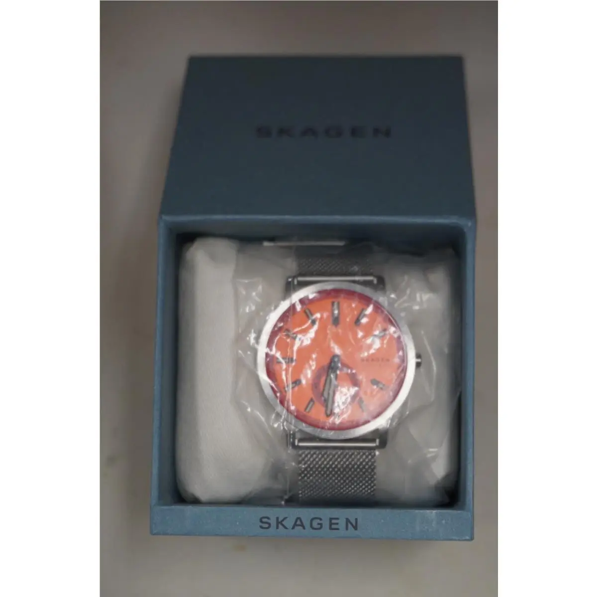 Skagen Denmark Men`s Orange Quartz Wristwatch Silver Strap w/ Box