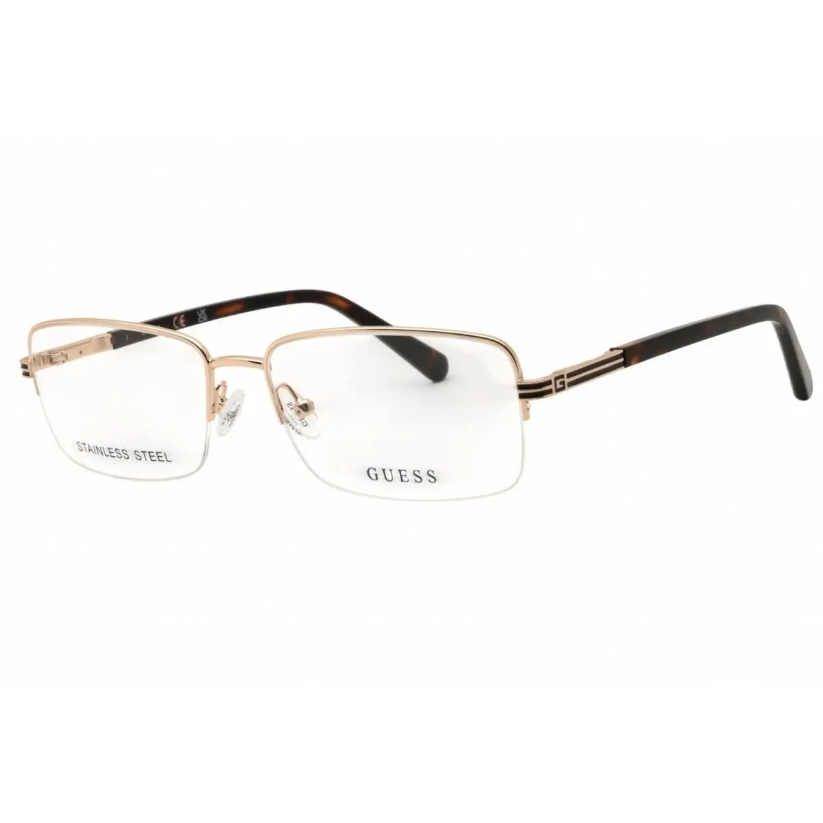 Guess Men`s Eyeglasses Pale Gold Metal Rectangular Half Rim Frame GU50044 032