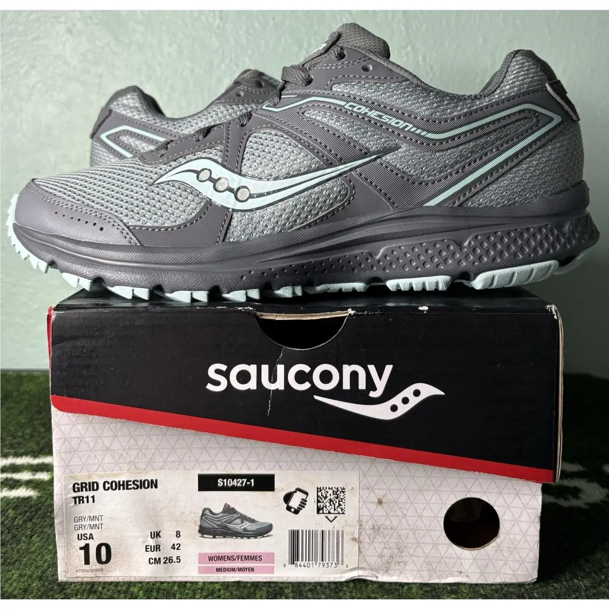 US W 10/M 8.5 - Saucony Grid Cohesion TR11 Trail Running “grey/mint” S10427-1