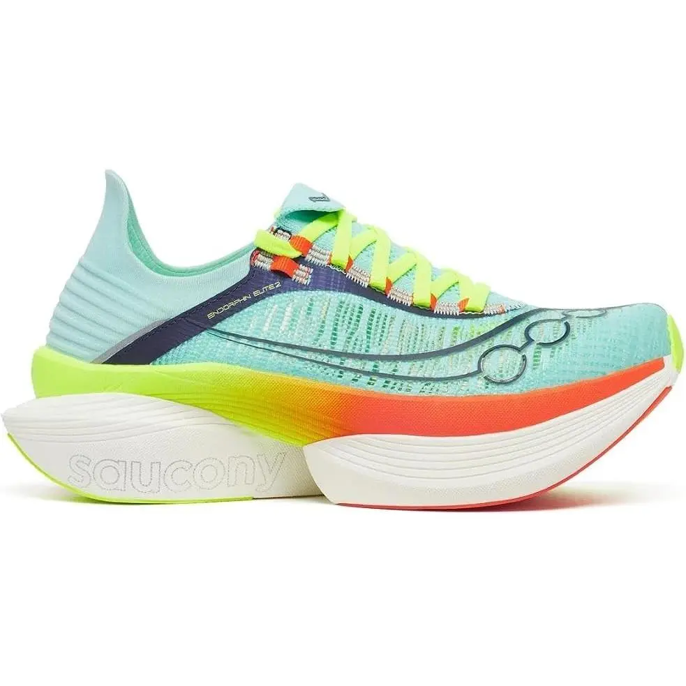 Saucony Endorphin Elite 2 Shoes Mens 10.5 Womens 12 Carbon Splash Fire - Splash / Fire (Green / Orange / Yellow)