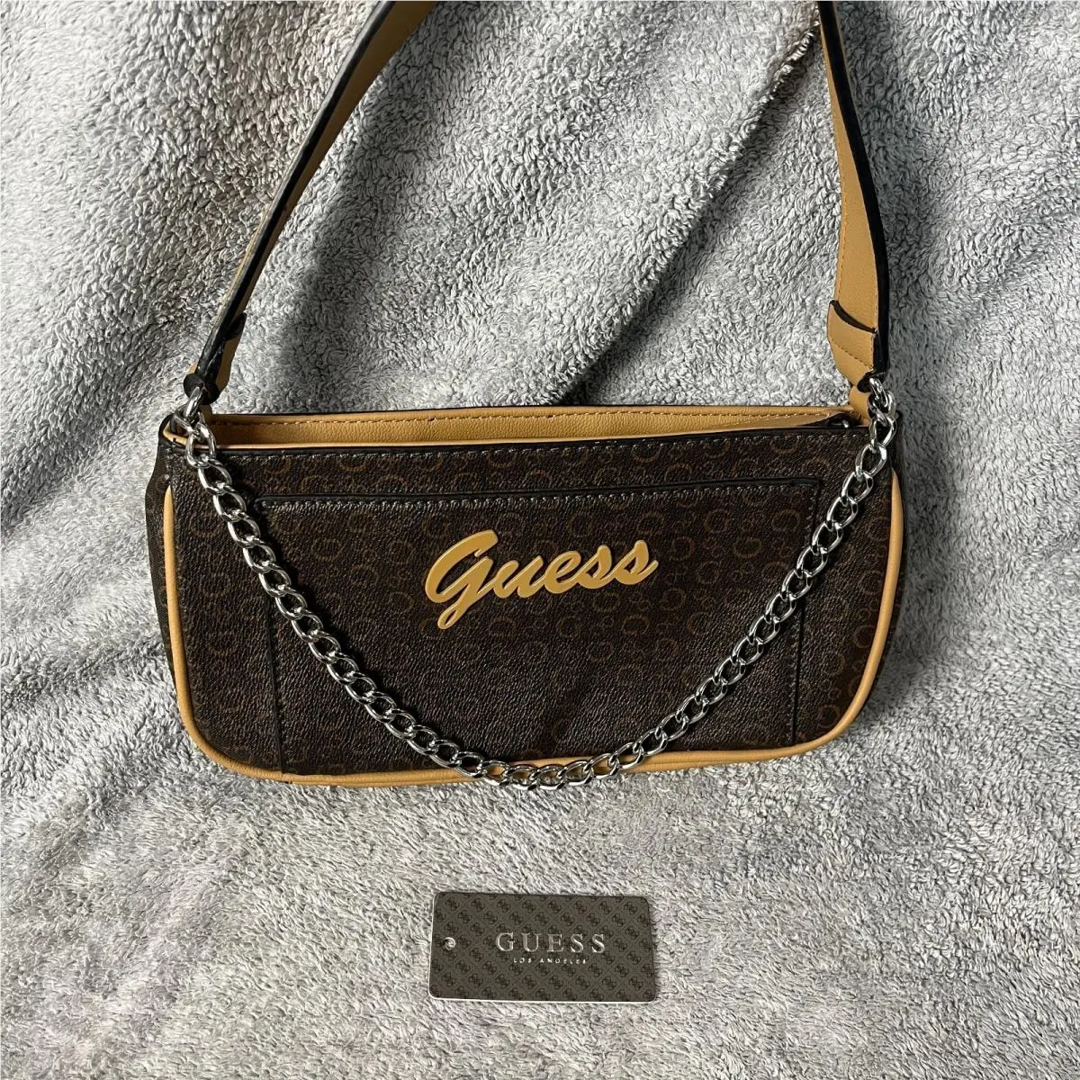 Vintage Y2k Shoulder Bag Brown Monogram Baguette Chain Logo Mini by Guess