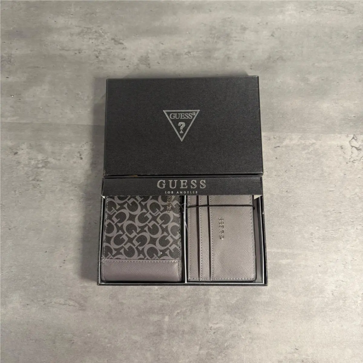 Guess Wallet Set Mens Gray Black Logo Bifold Card Holder Gift Box Streetwear