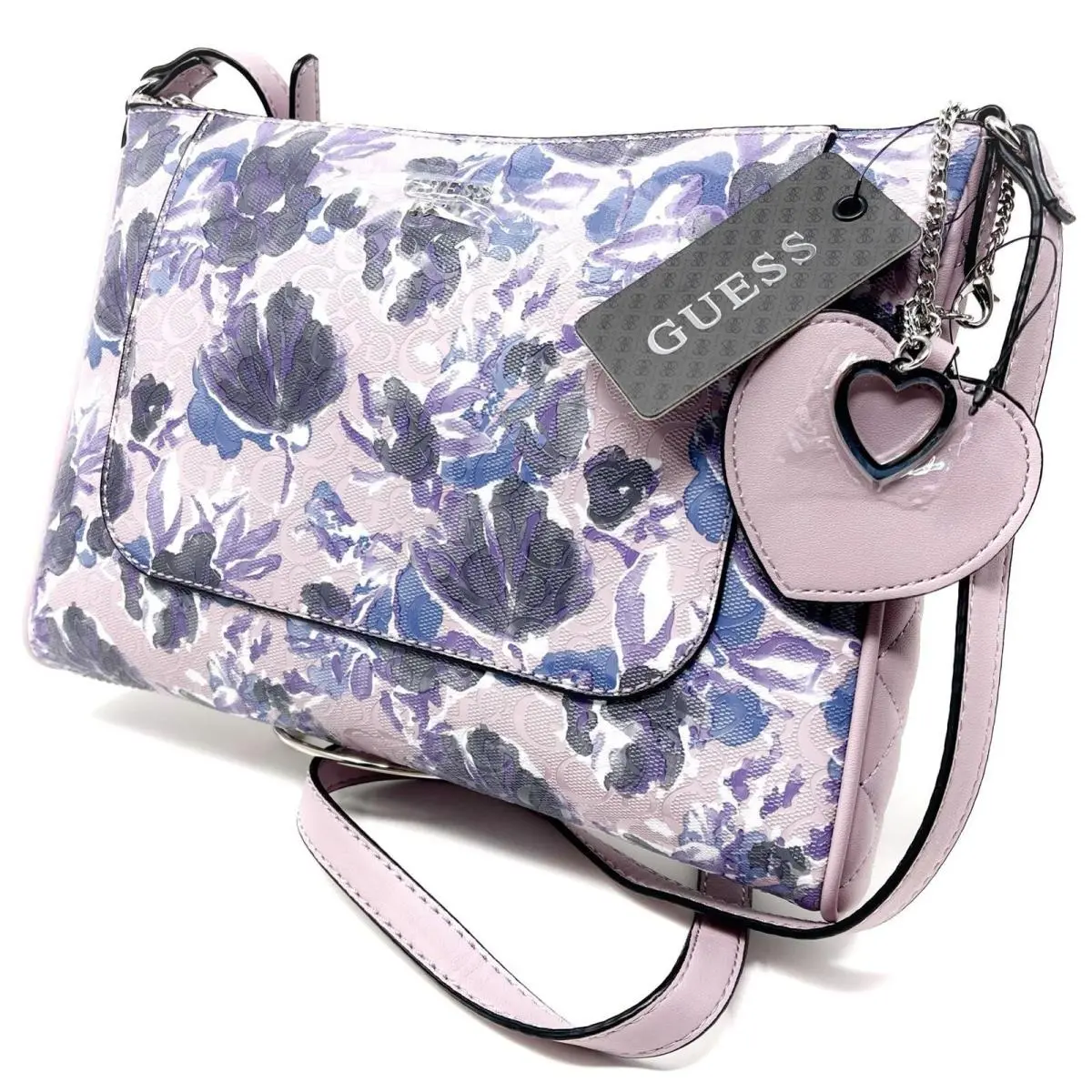 Guess Flowers Purple Shoulderbag Purse Crossbody Bag Heart Charms City Lights