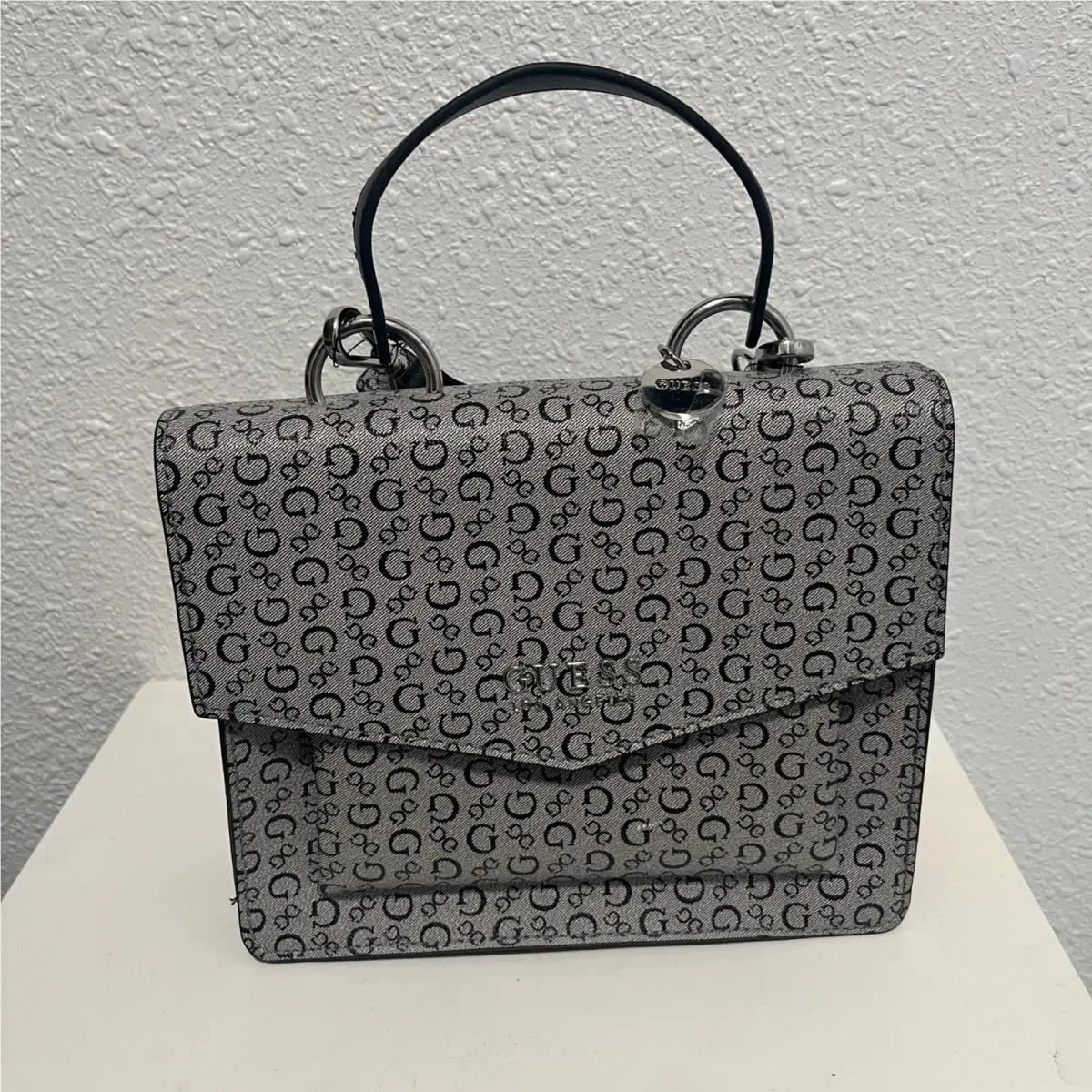 Baez Crossbody Handbag Black Grey Monogram Flap Top Handle Purse Flaw by Guess
