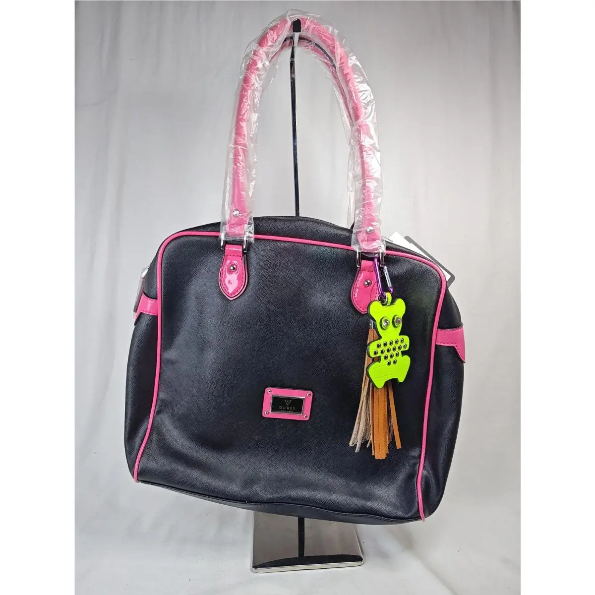 Kory VY422807 Black Pink Saffiano Satchel Handbag Tote Purse Bear by Guess
