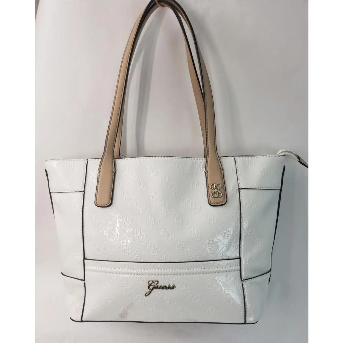 Reiko Logo Print Tote Bag/purse White/cream Embossed Logo by Guess