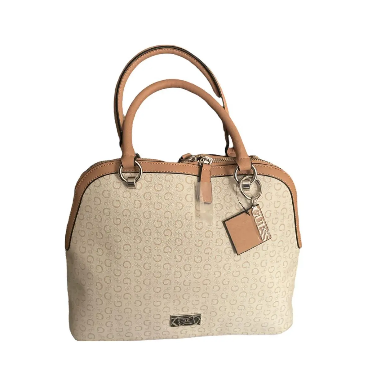 Guess Signature Logo Menville Satchel Crossbody Handbag Tan White