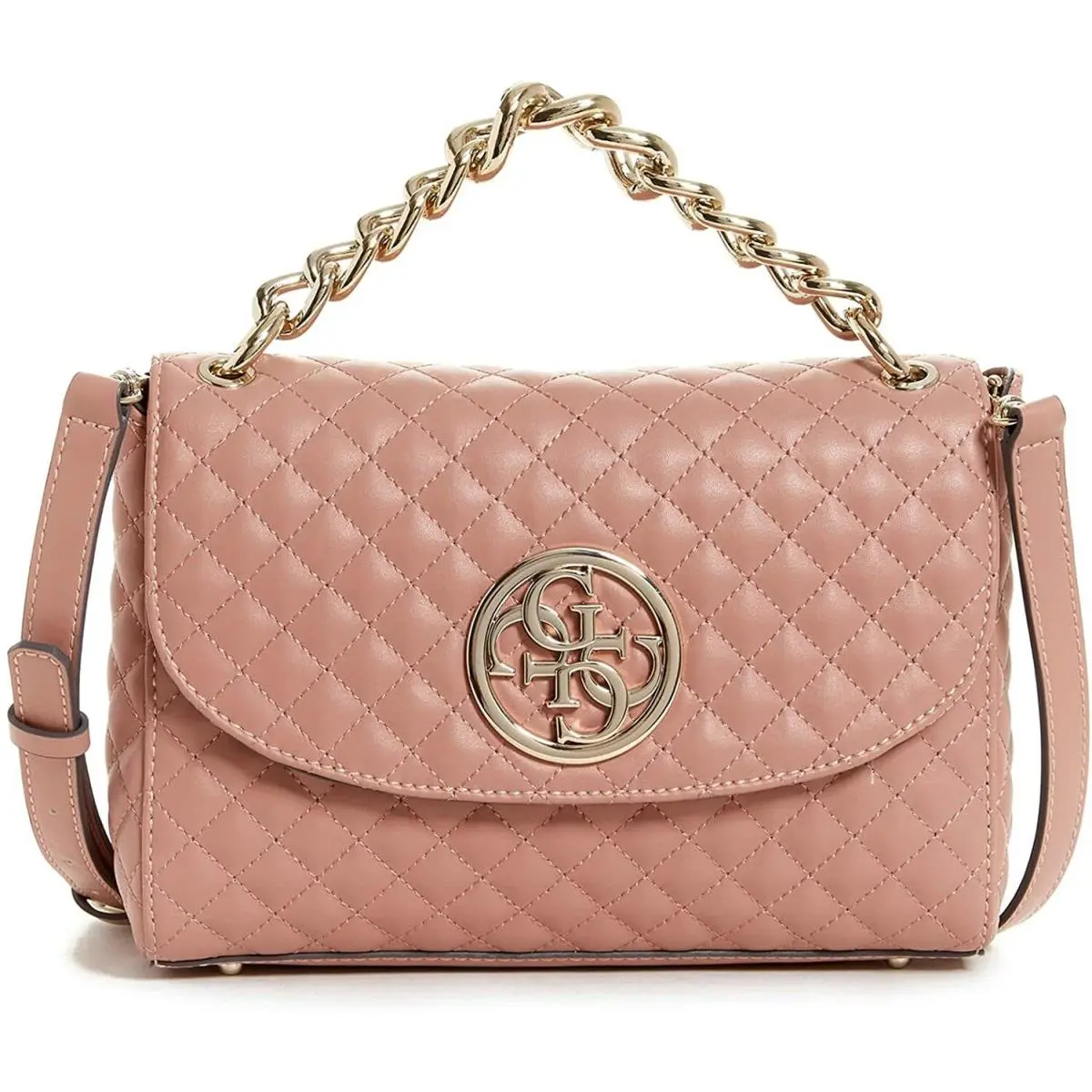 Women`s Lux Blush Pink Quilted Flap-over Chain Crossbody Handbag Purse by Guess