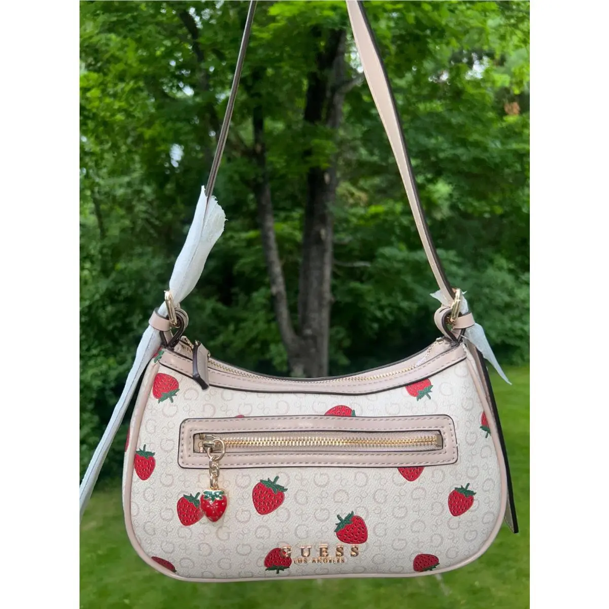 Strawberry Print Shoulder Bag Pale Pink by Guess