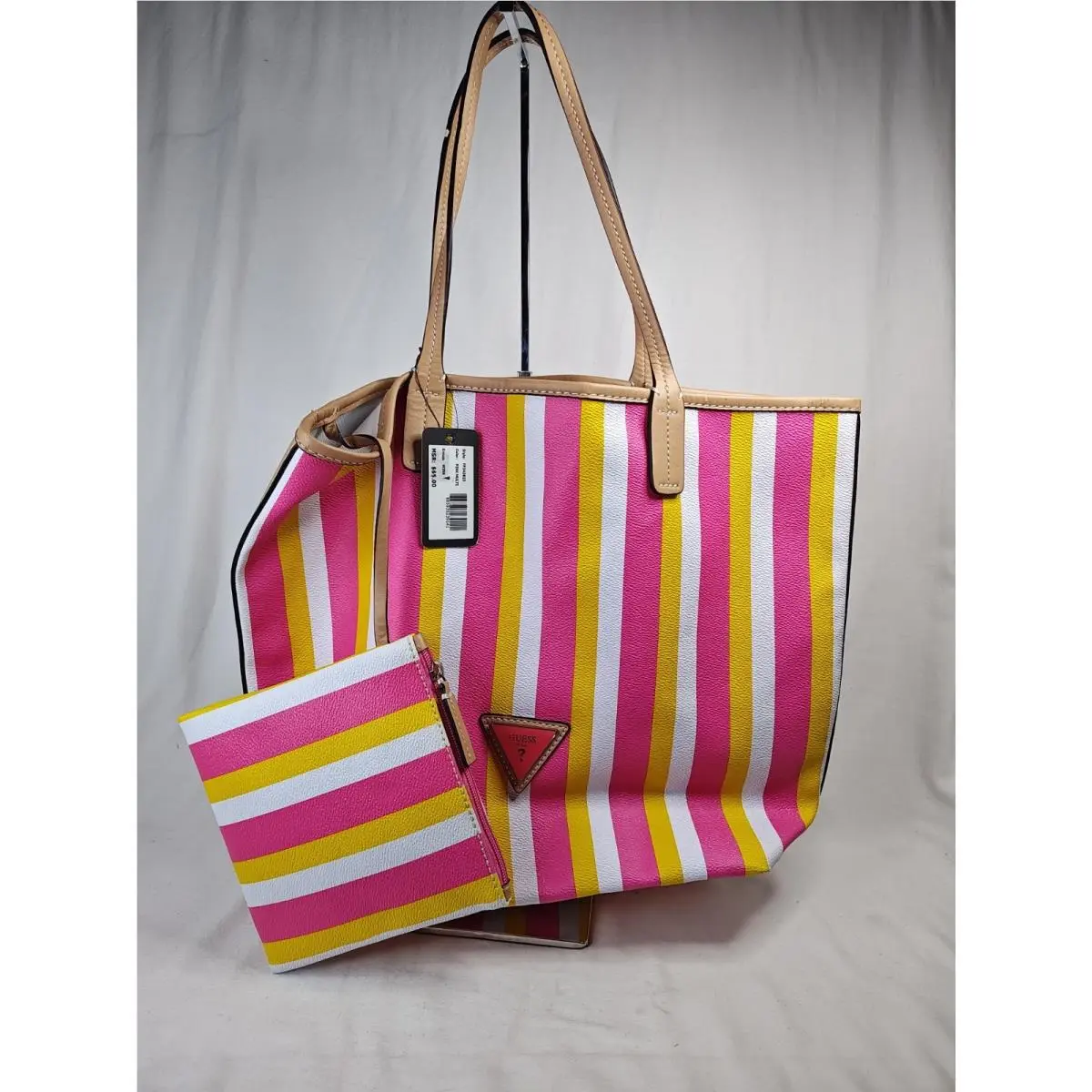 Wink Pink Yellow Striped Large Tote Bag Purse Matching Zip Pouch by Guess