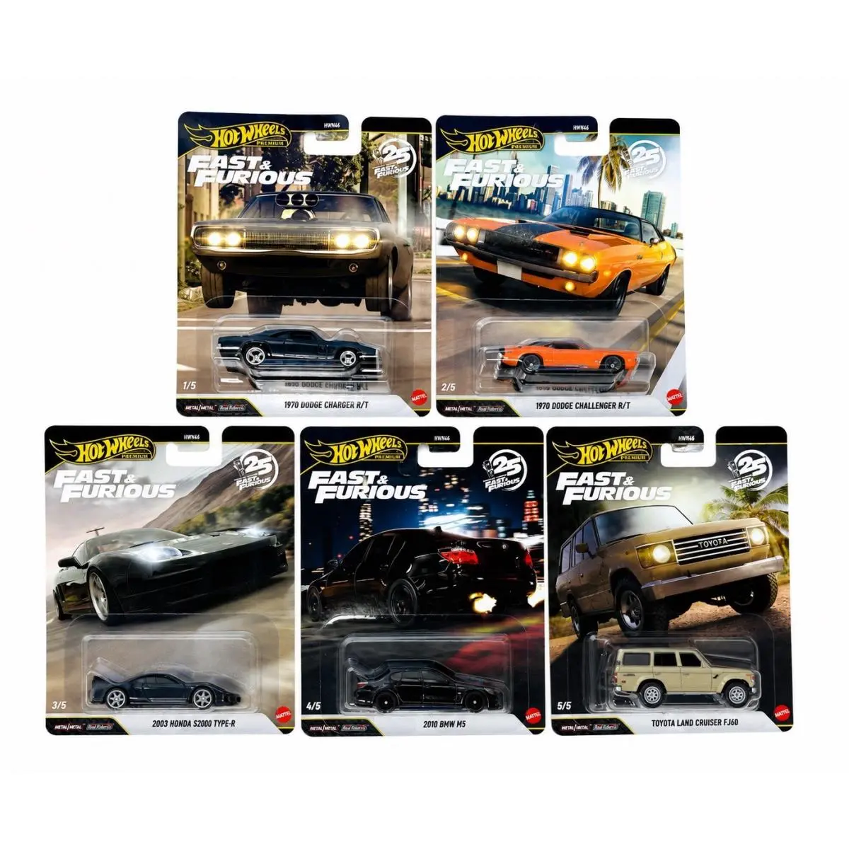 2026 Hot Wheels Fast and Furious 25th Anniversary Set Of 5 W/ 1970 Charger Chase