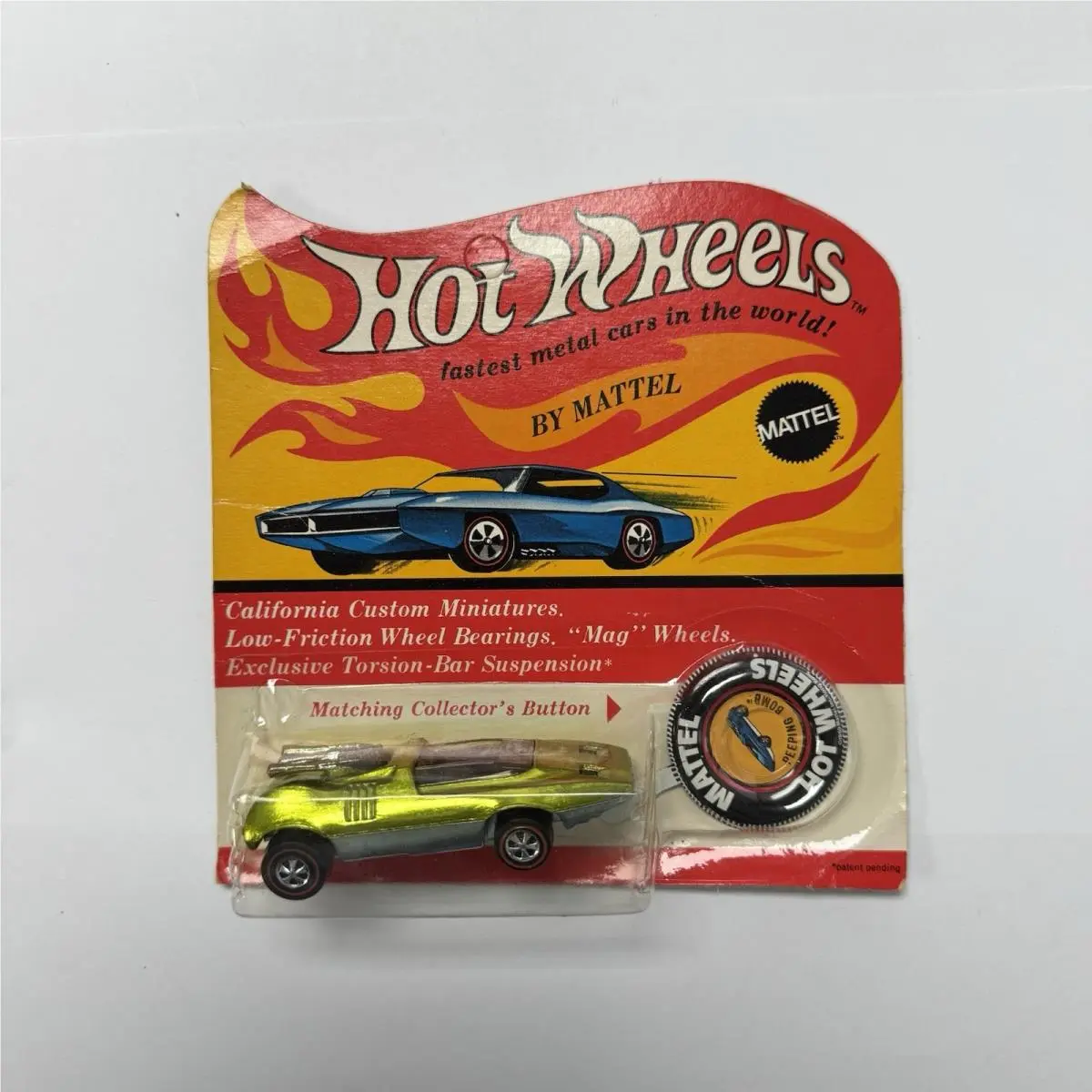 1968 Hot Wheels Peeping Bomb Lime Green Spectraflame Button Card
