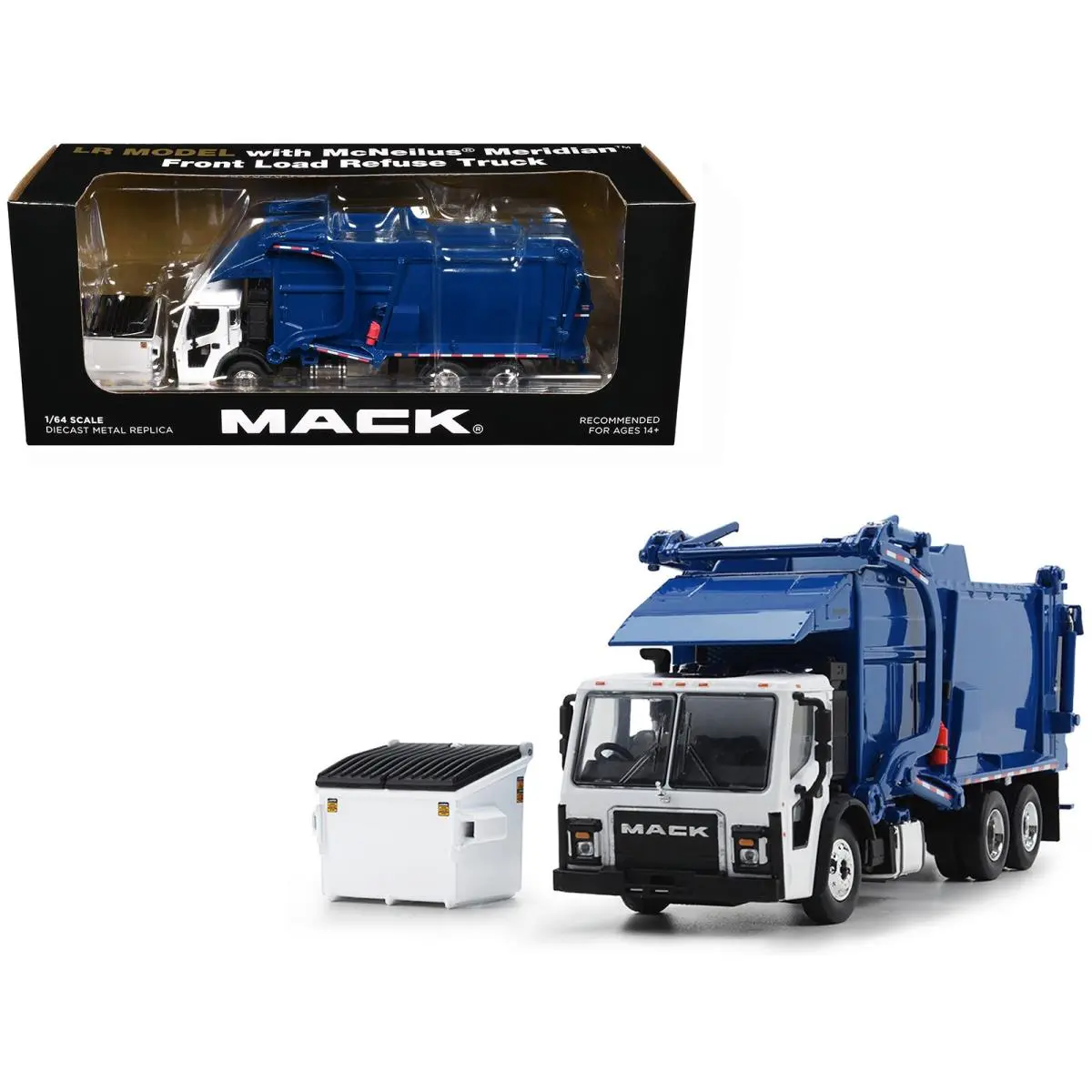 Mack LR Refuse Garbage Truck with Mcneilus Meridian Front Loader White Blue with