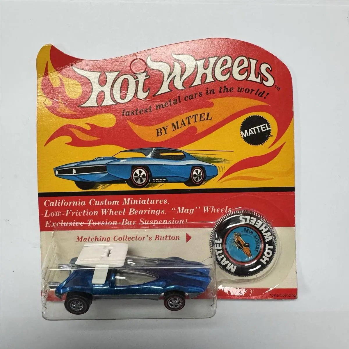 1969 Hot Wheels Swingin` Wing Blue Redline Car Moc with Collector Button