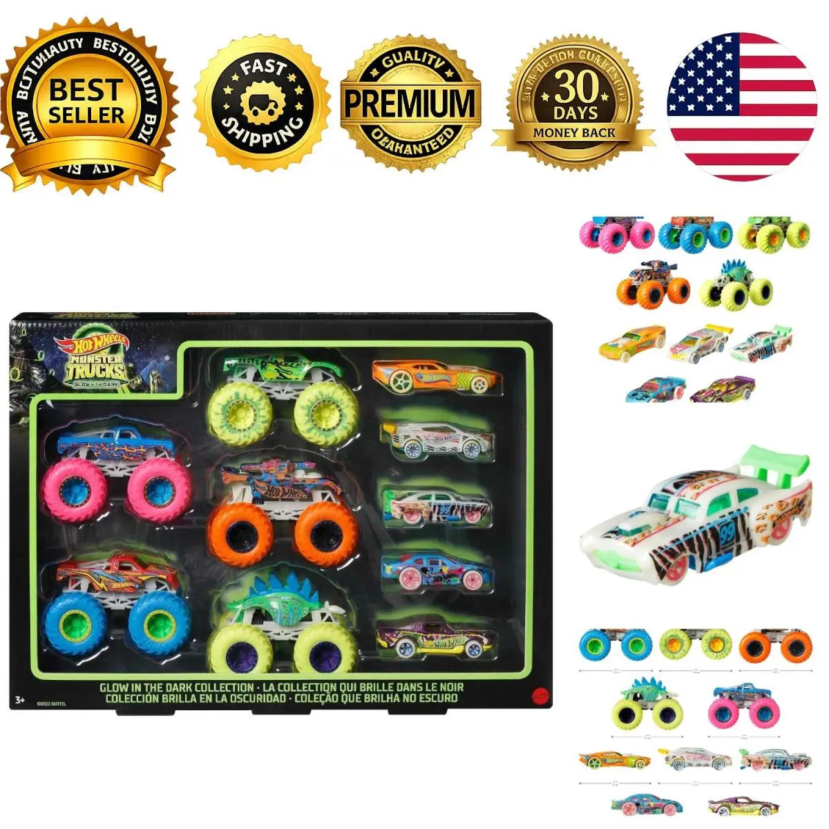 Hot Wheels Monster Trucks 10-Pack Glow-in-the-dark 1:64 Scale Cars Trucks Set