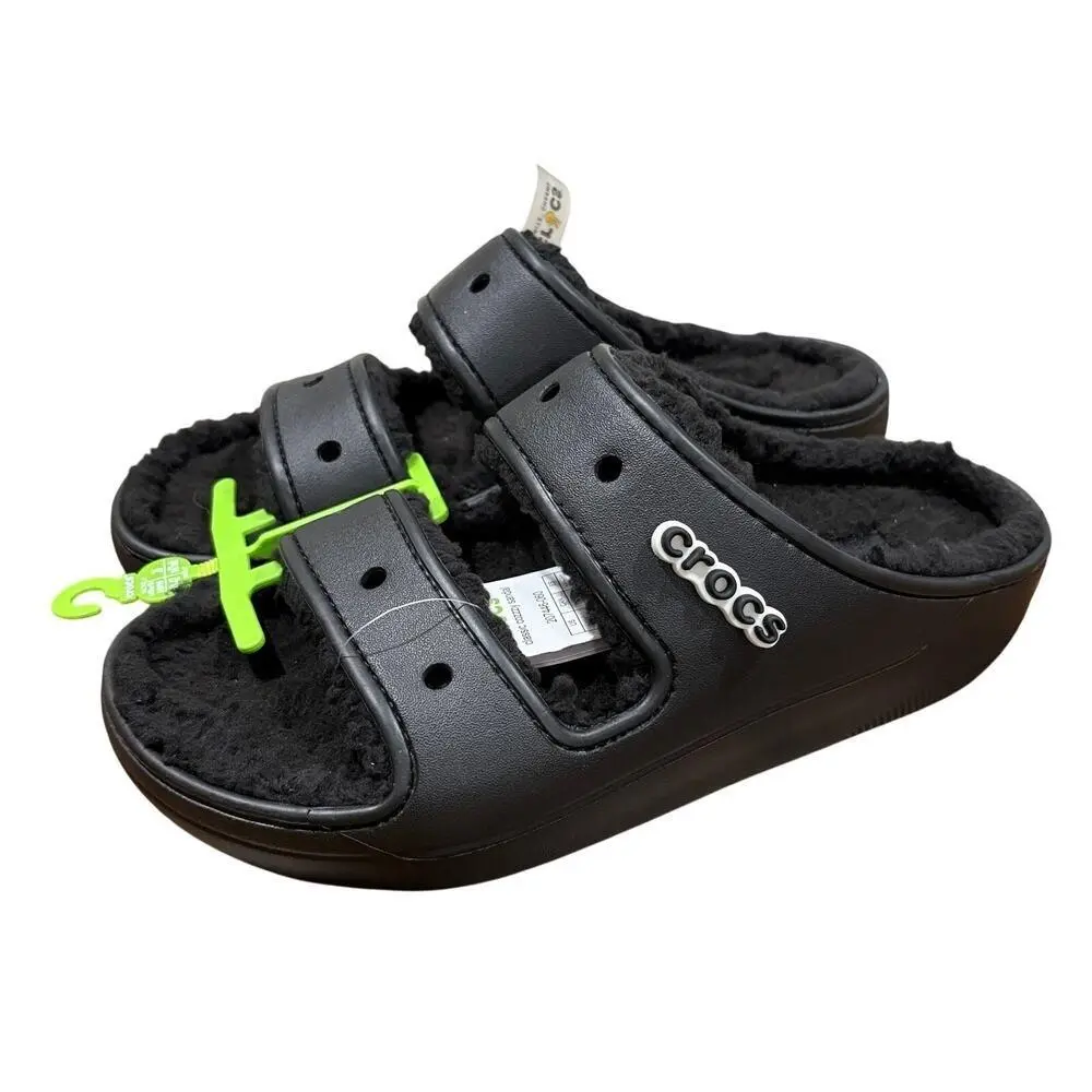 Crocs Unisex W10 M8 Classic Cozzzy Sandal Black Fuzzy Lined Slide 207446-060