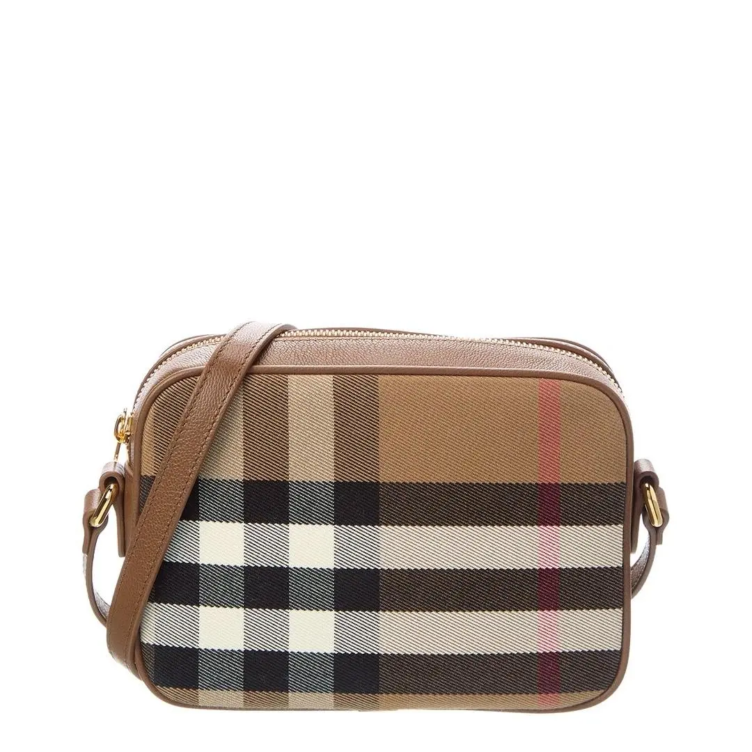 Burberry Small Check Canvas Leather Camera Bag Women`s