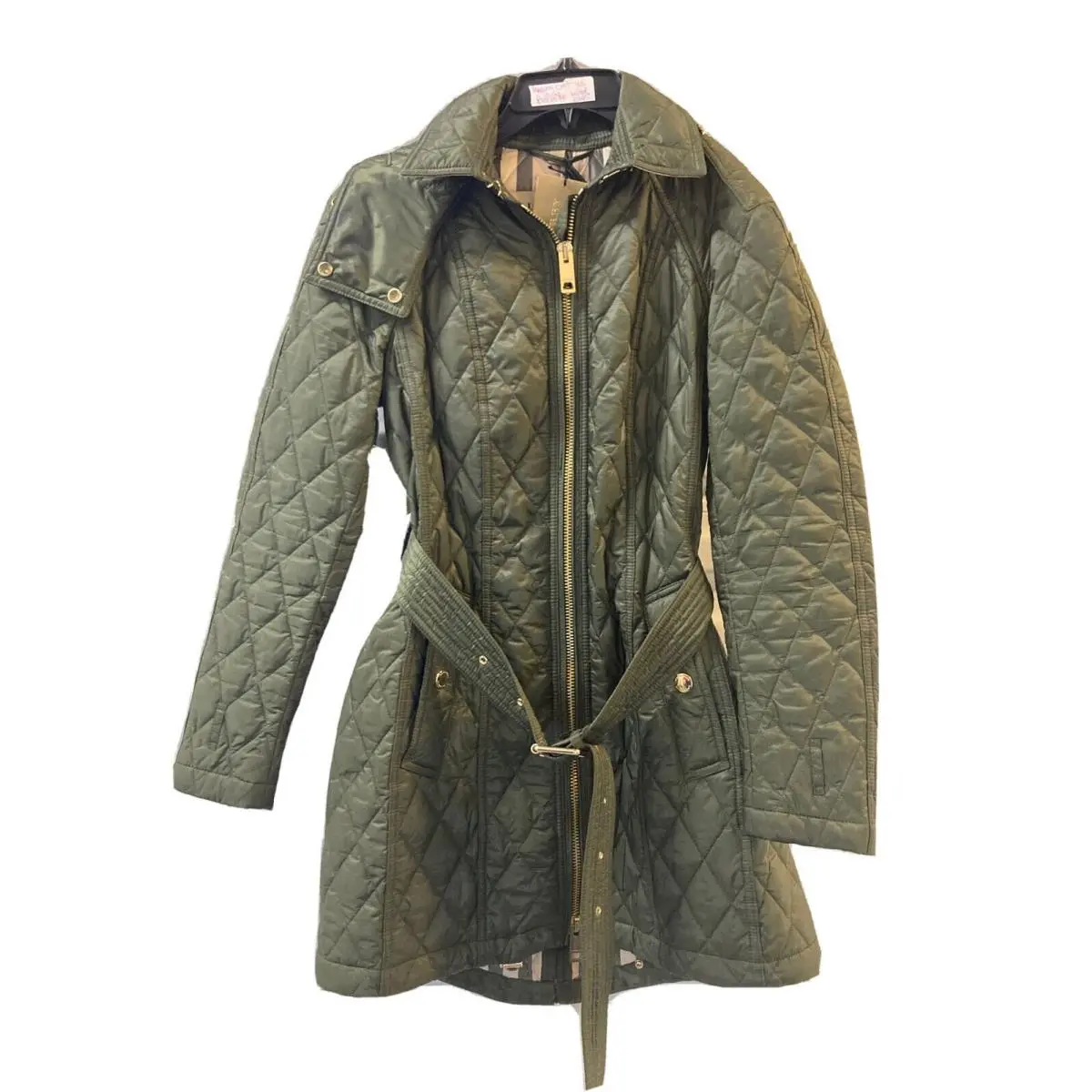 Bellbridge Mid Coat In Military Khaki with Gold Zipper and Belt In XS by Burberry