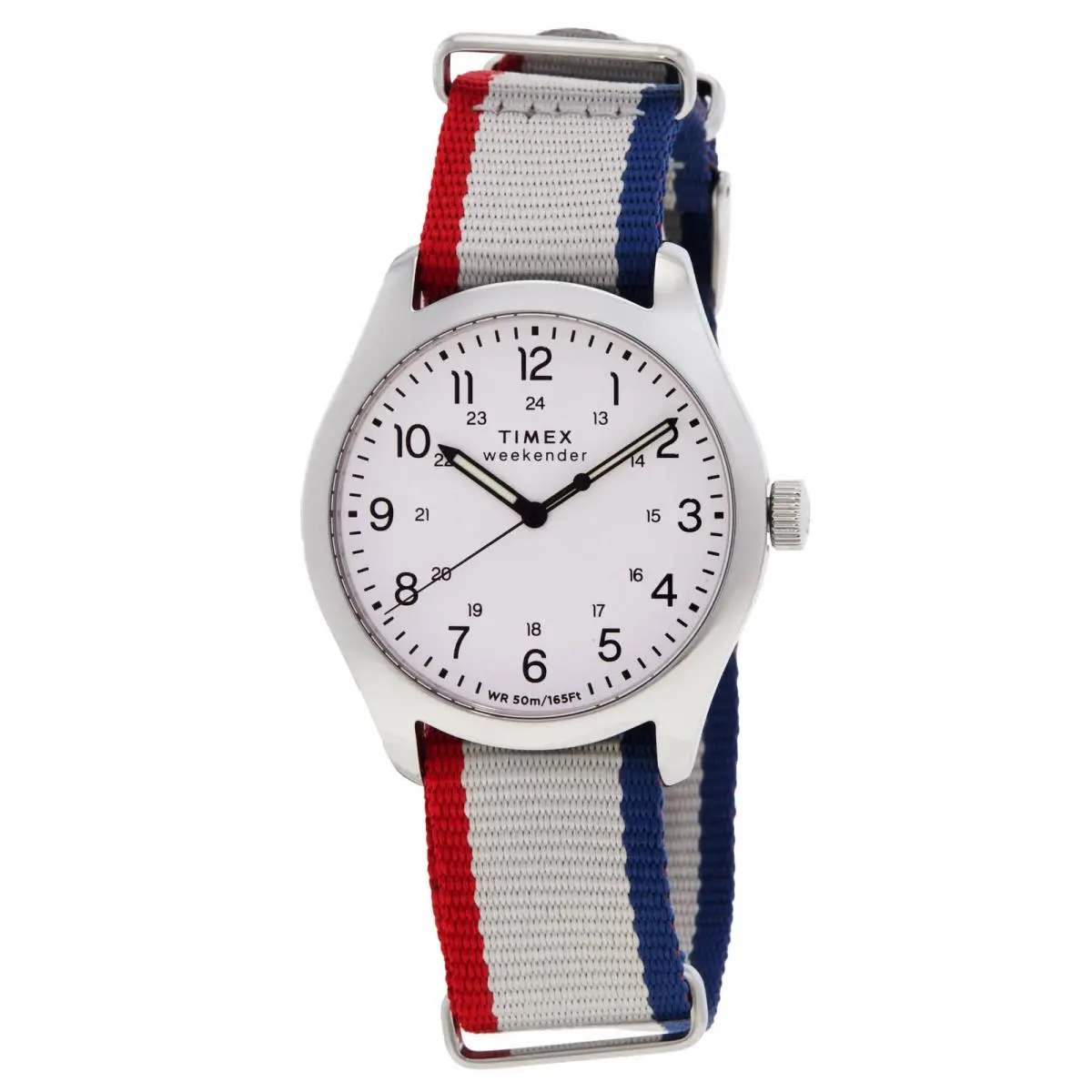 Timex Weekender Quartz White Dial Men`s Watch TW2Y15500 - Dial: White, Band: Red, White and Blue, Bezel: Silver-tone