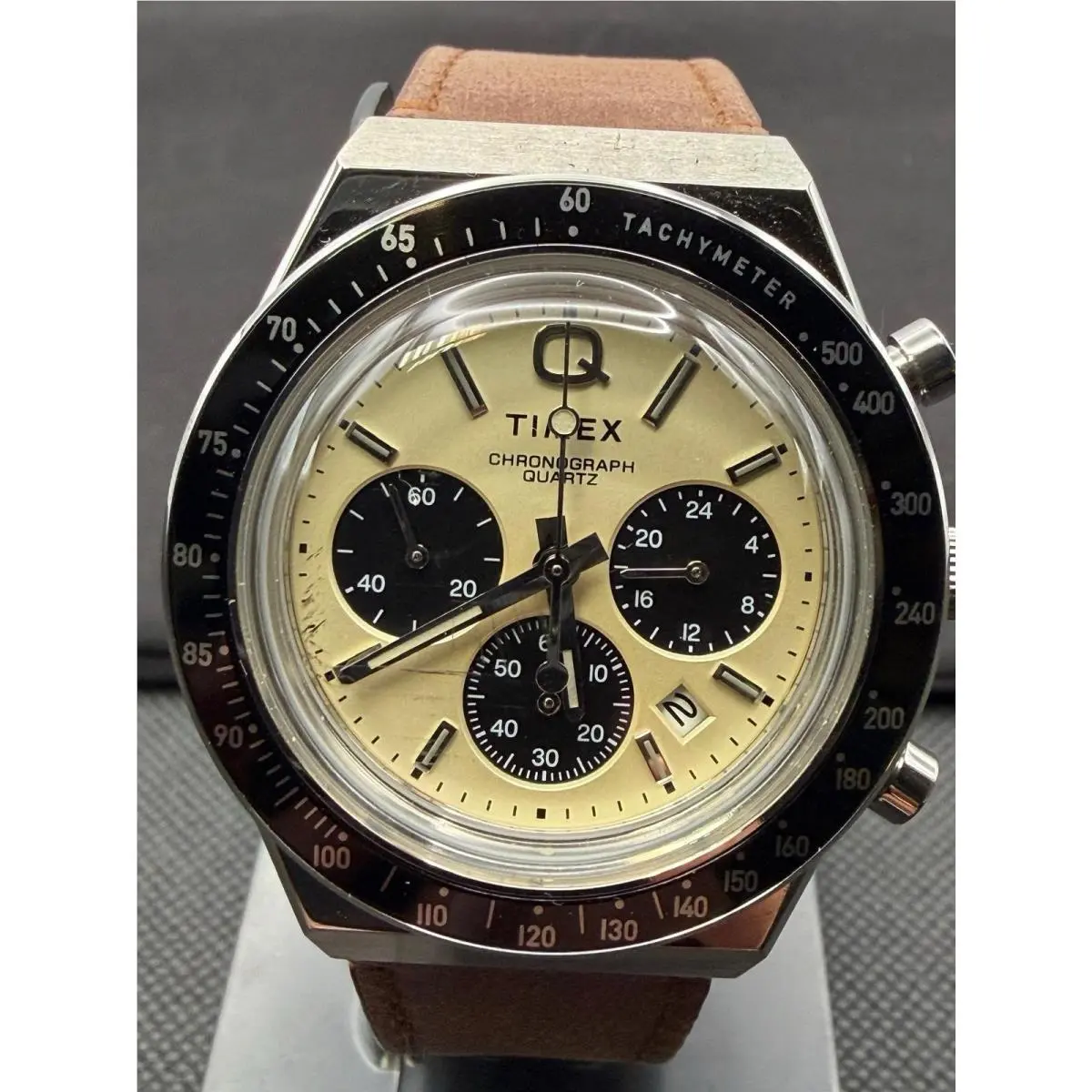 Q Timex Panda Dial Chronograph 40mm Brown Leather Strap Watch TW2V4280001