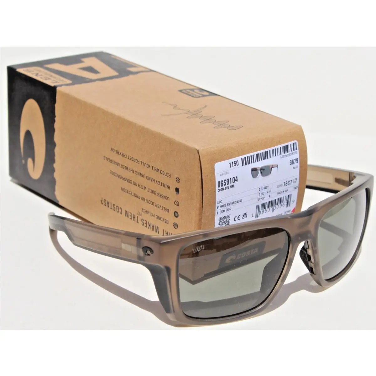Lido 580G Polarized Sunglasses Matte Brown Smoke/gray 580 by Costa Del Mar