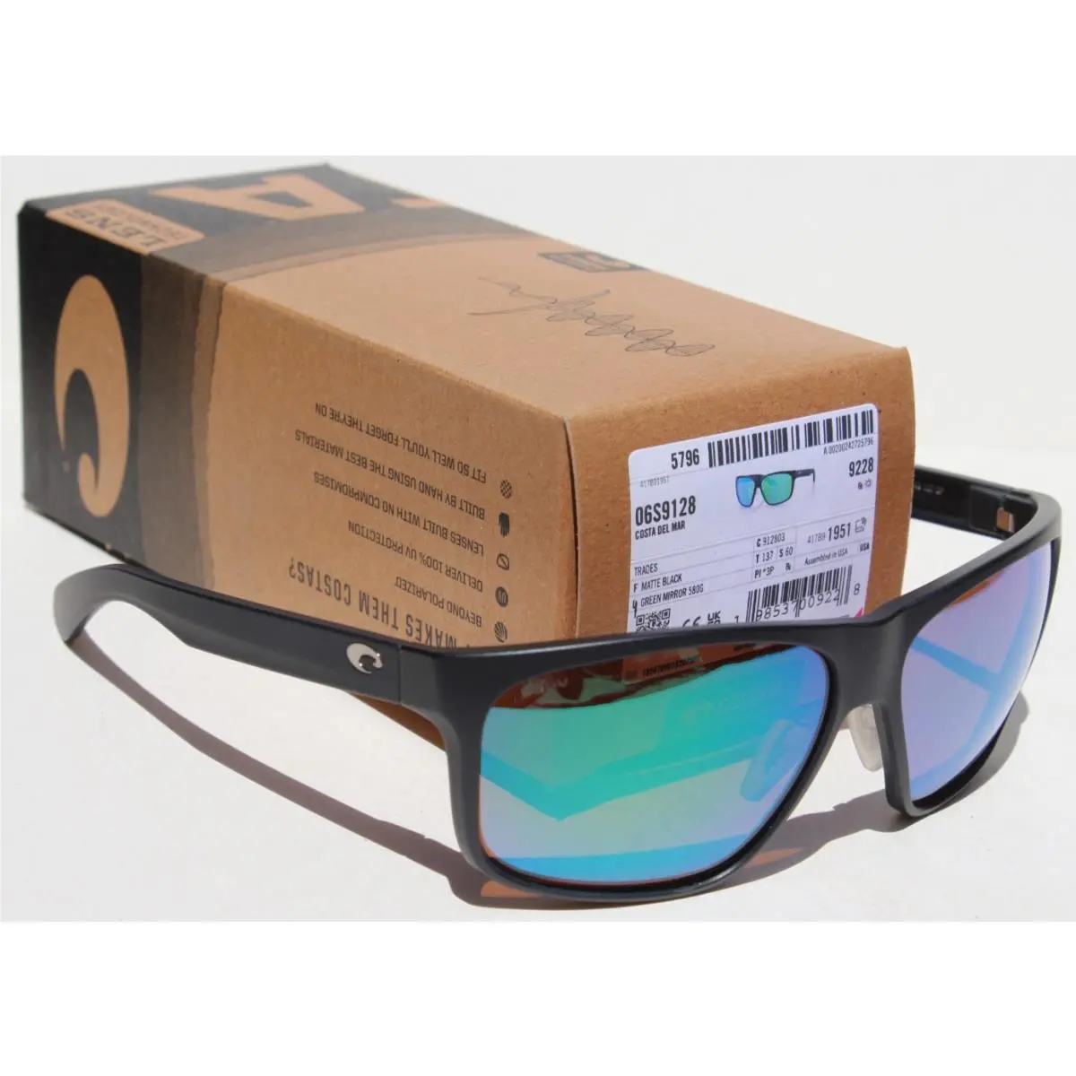 Costa Del Mar Trades 580G Polarized Sunglasses Matte Black/green Mirror 580