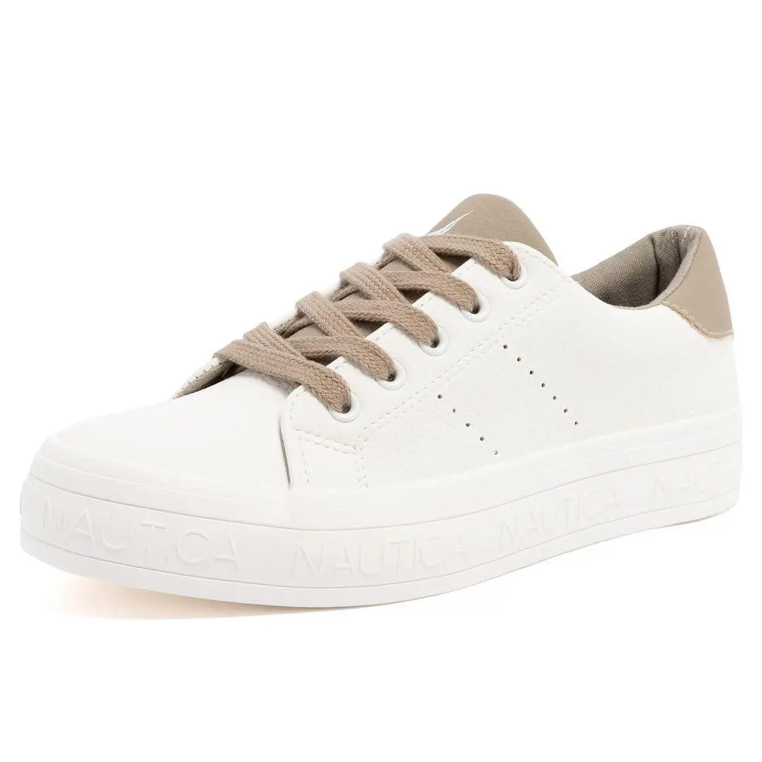 Women’s Lace-up Sneaker Vegan Leather Casual Tennis Shoe kildate white taupe by Nautica