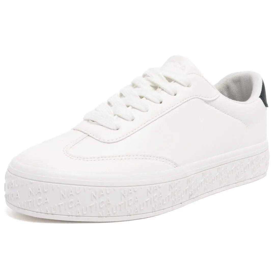 Women’s Lace-up Sneaker Vegan Leather Casual Tennis Shoe white navy agene by Nautica