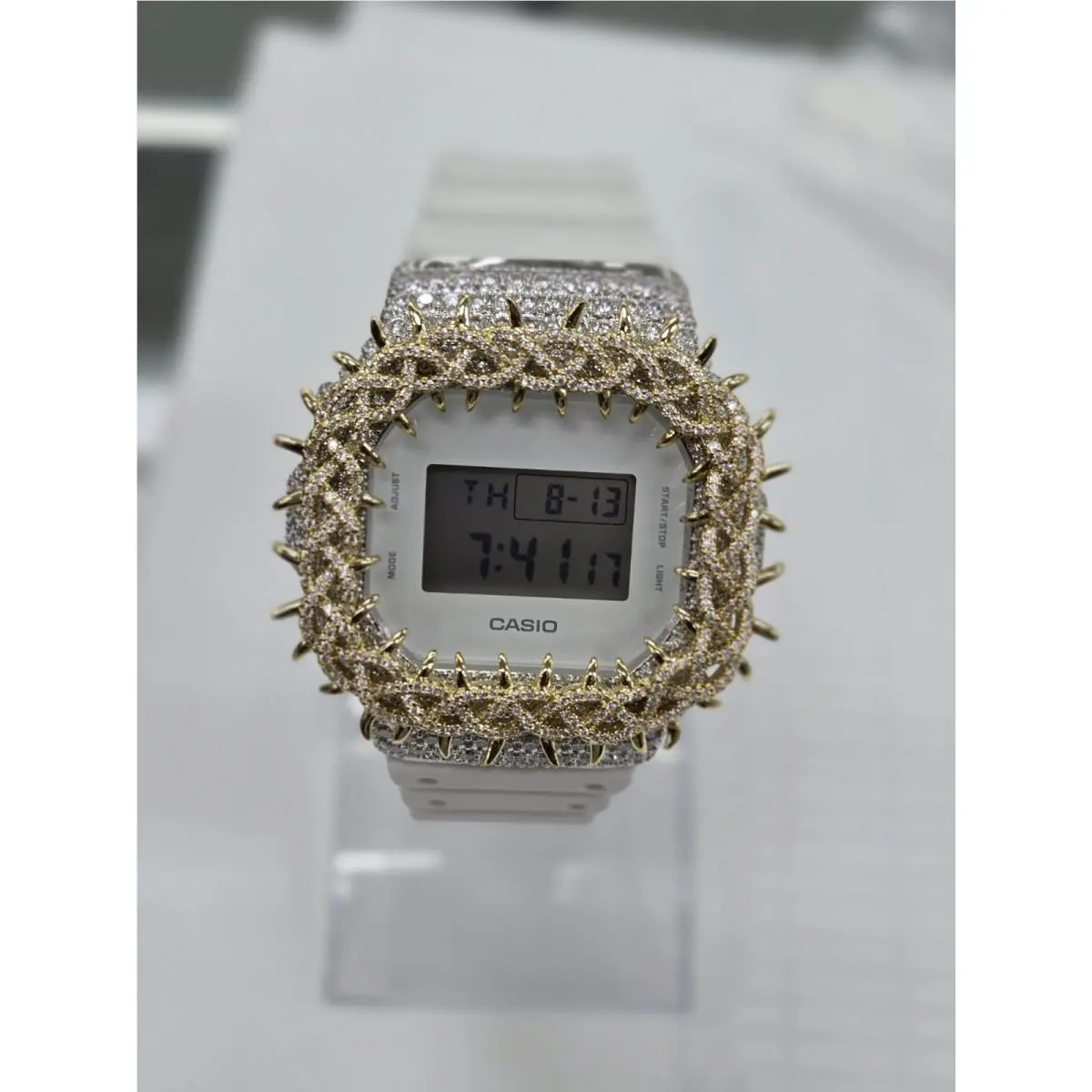 Moissanite G Shock Watch  5600 Model White Band 2 Ton Gold Color Bezel by Casio