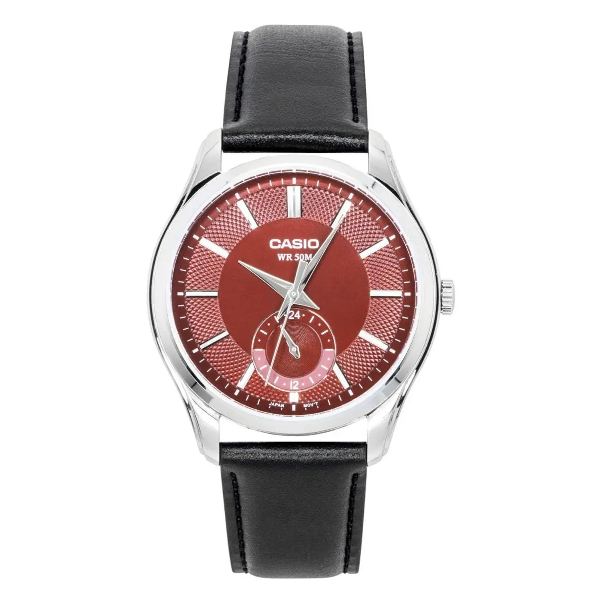 Analog Leather Strap Red Dial Quartz 50M MTP-B315L-4AV Men`s Watch by Casio
