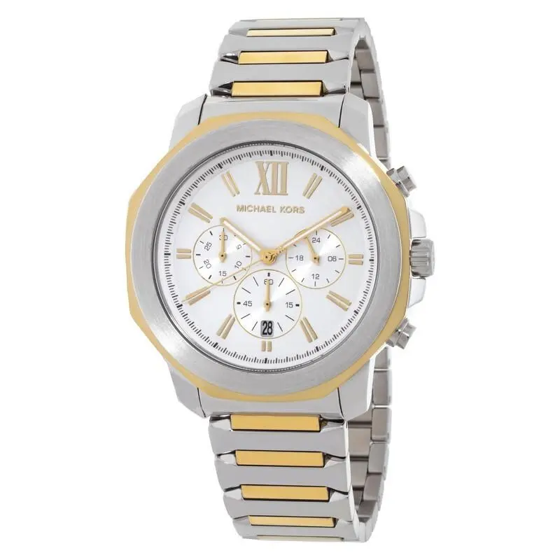 Michael Kors Prescott MK9260 Oversized Two-tone Chronograph 44mm Octagon Watch - Dial: White, Band: Gold, Silver, Bezel: Gold, Silver