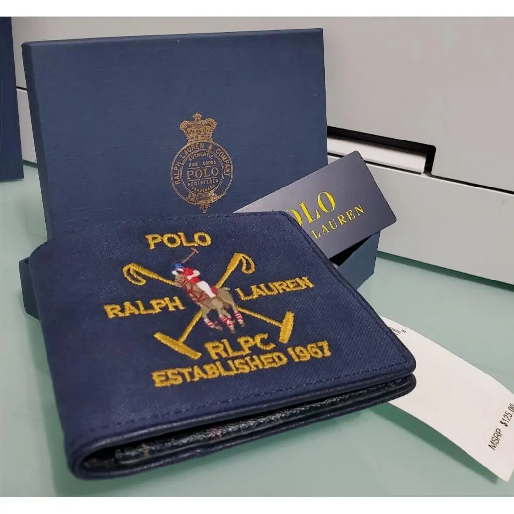 Ralph Lauren Crest Canvas Leather Billfold Wallet Newport Navy Gift Box