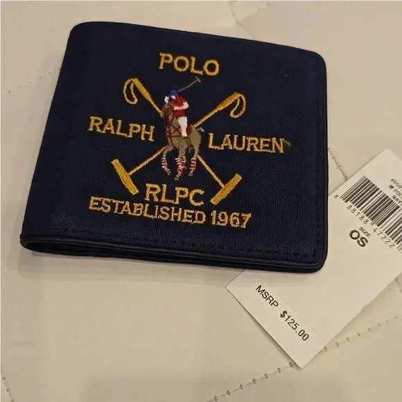 Ralph Loren Polo Navy Blue Canvas Plaid Leather Embroidered Mens Wallet