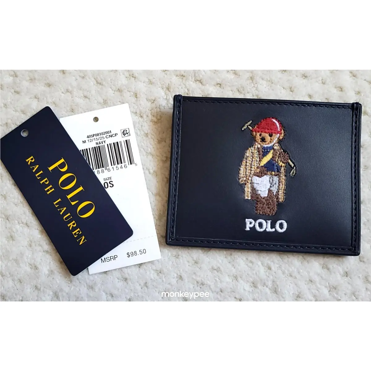 Polo Ralph Lauren Polo Player Preppy Bear Slim Leather Card Case Navy Blue