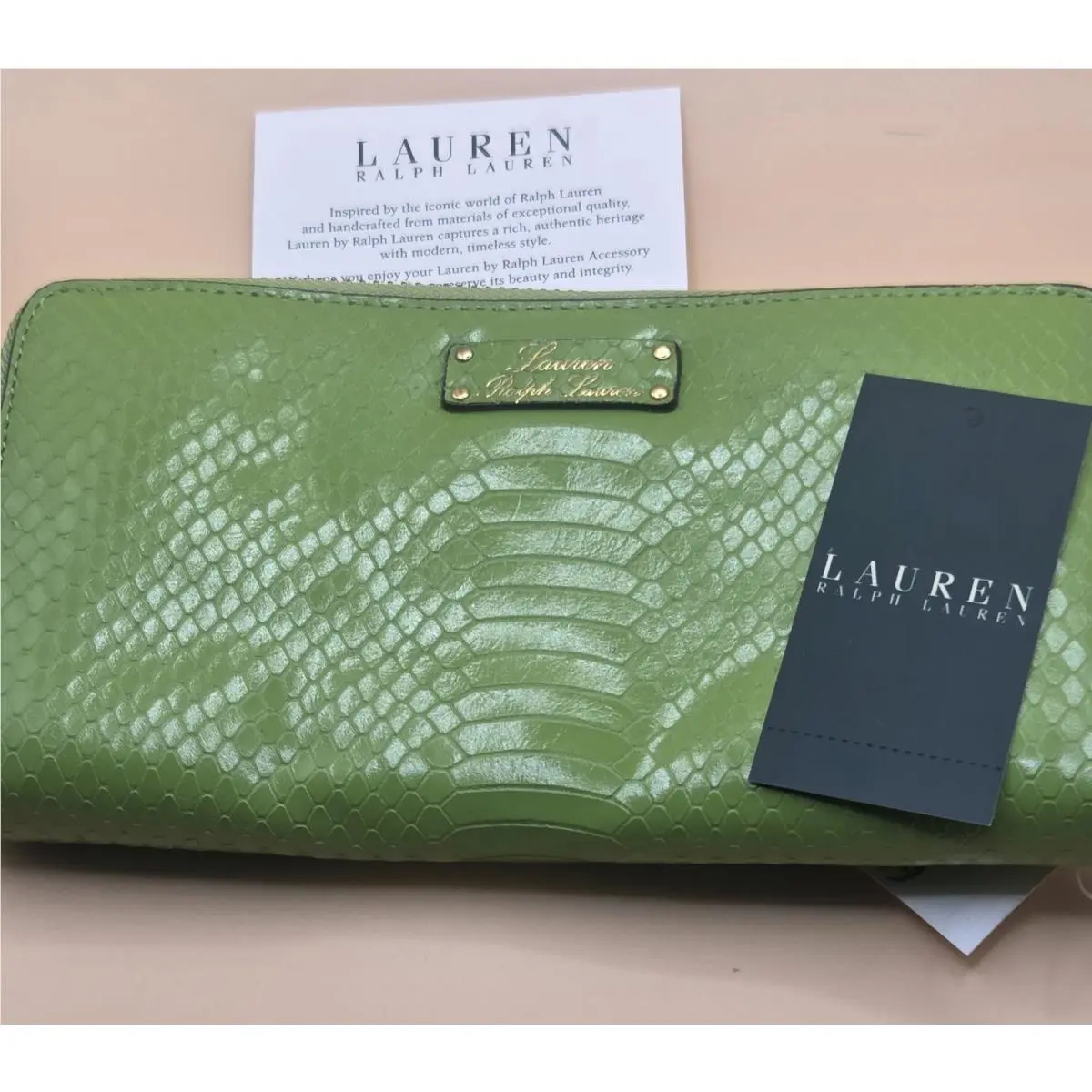 Lauren Ralph Lauren Lime Green Snakeskin Full Zip Wallet Retro Contemporary