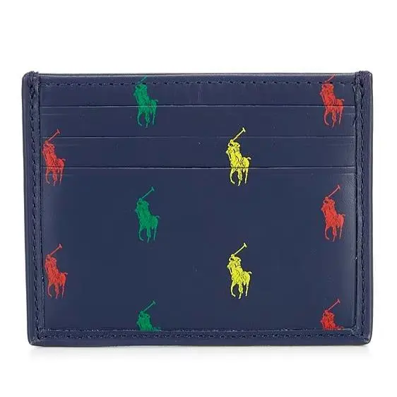 Polo  Smooth Navy Leather Colorful Pony Logo Card Case Wallet by Ralph Lauren