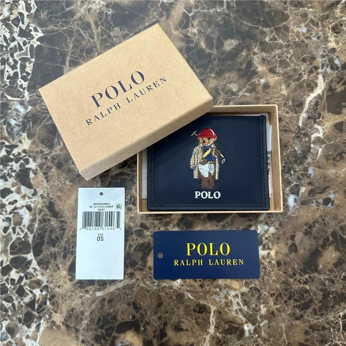 Polo Ralph Lauren Navy Leather Polo Society Polo Bear Card Holder Wallet Men`s